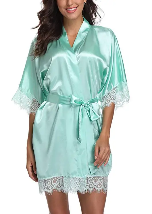 2019 New Fashion Women\'s Bathrobes Satin Robe Nightgown Sleepwear Pajamas Lingerie Night Mini Dress Lace Sexy Halt Sleeve