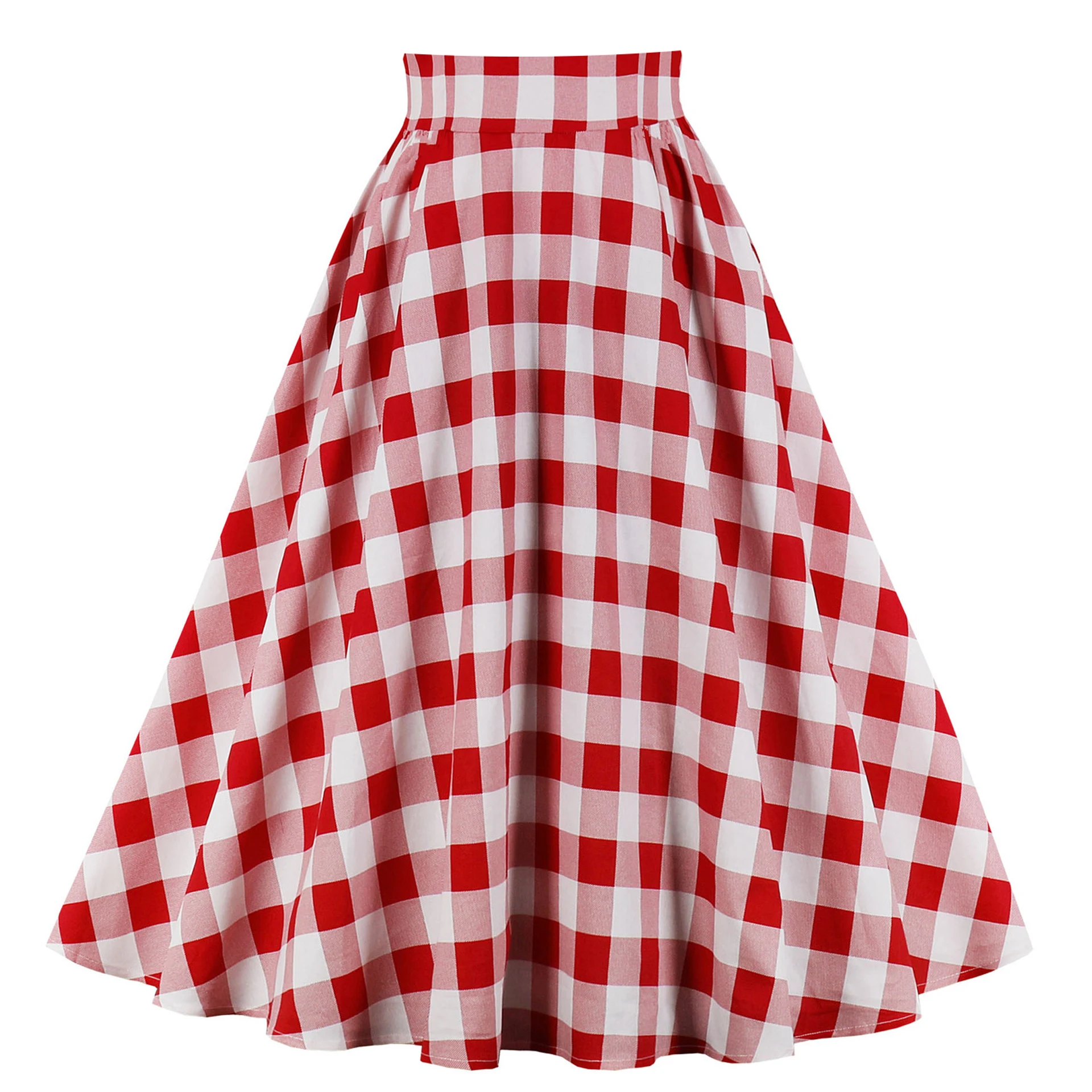 2023 Retro Checkered Plaid Casual Skirt Women Red White 50s 60s High Waist Rockabilly Cotton Summer Vintage Swing Pinup Skirts