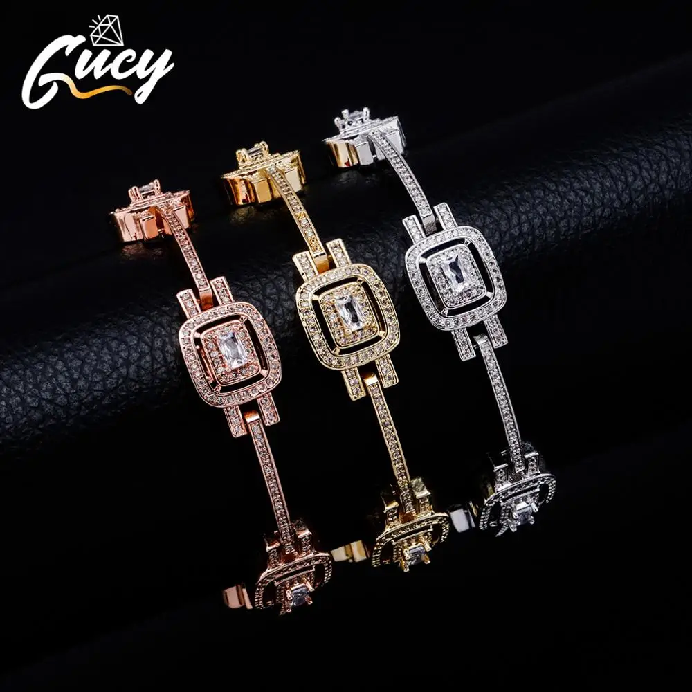 GUCY 8inch Square Men's Bracelet Chain Hip Hop Link  Cubic Zirconia Copper Gold Color Fashion Rock Jewelry