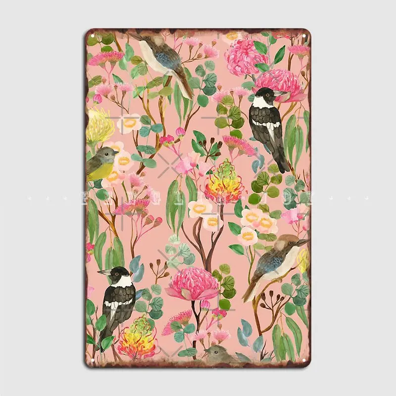 Australian Birds And Blooms Native Flora Chinoiserie Metal Sign Cave Pub Painting Décor Retro Tin Sign Poster