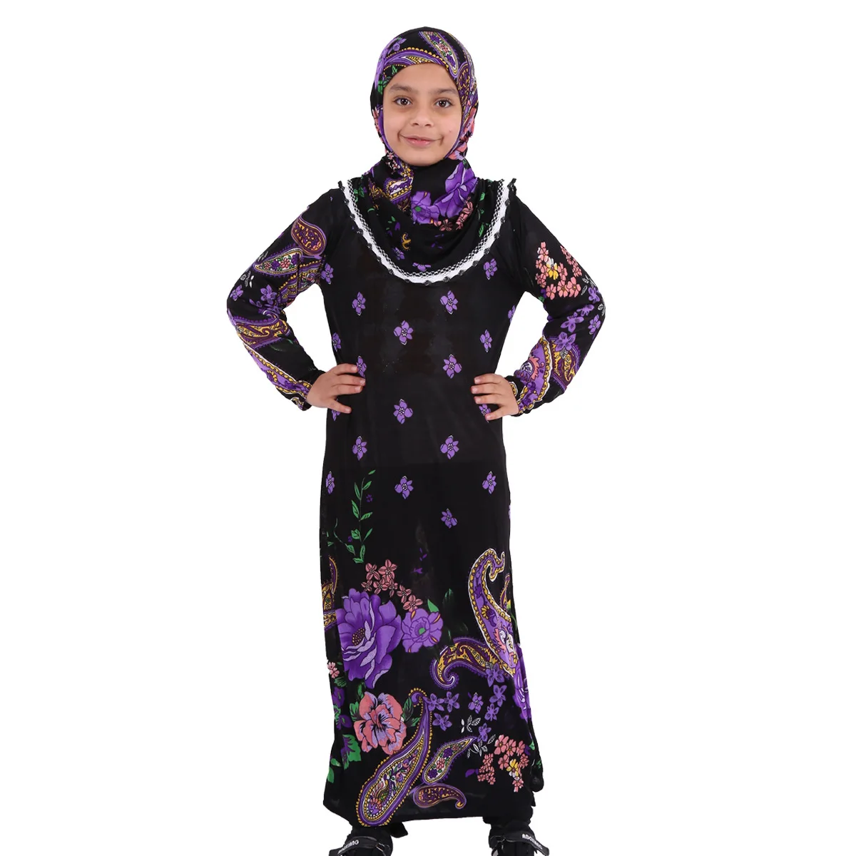 Kids Muslim Prayer Dress Children\'s Kaftan Girls Robe Hidjab Middle East Islamic Robe Abayas Printing Full Cover Praying Clothes