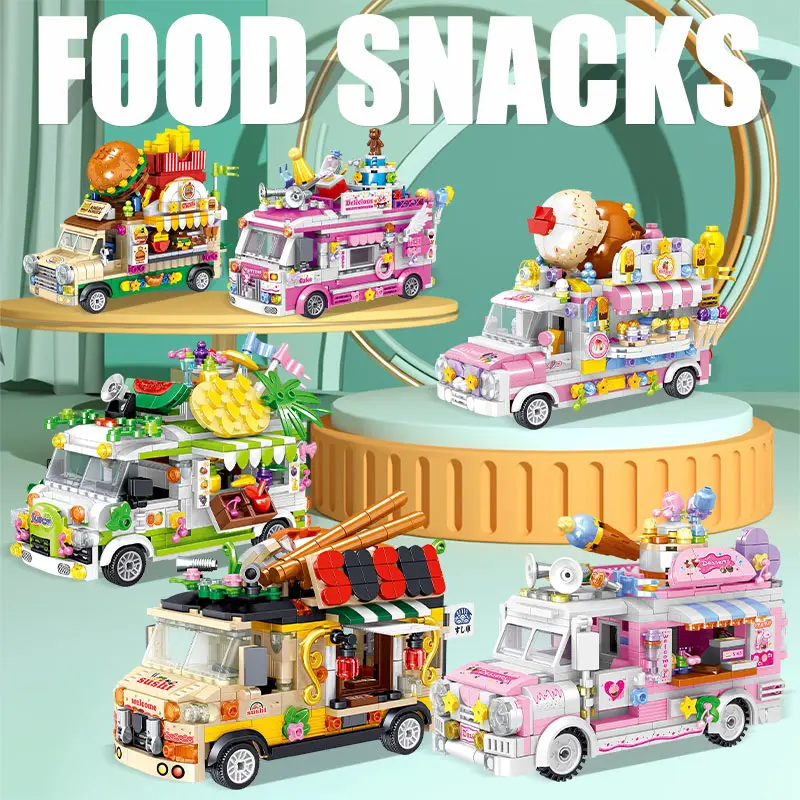 City Mini Snack Street View Ice Cream Truck Car Model Building Blocks Friends Hot Dog Camping Vehicle Bricks Toys For Kids Gift