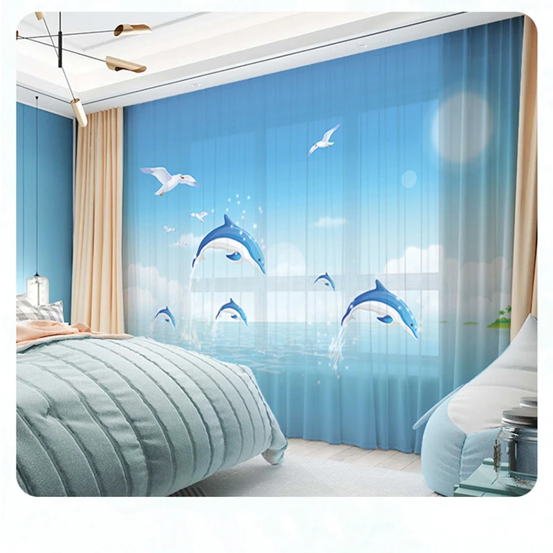 

Custom Chiffon Curtain Window Drape for Nursery Kids Children Living Room Dolphin Ocean Sea Pigeon