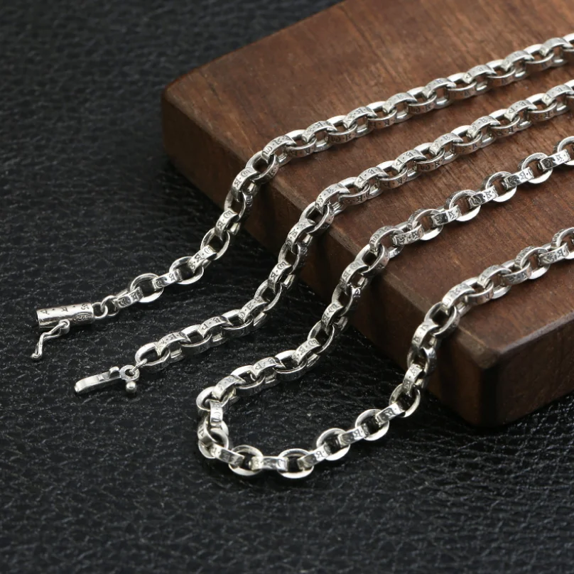 

S925 Sterling Silver Vintage Six-character Mantra Round Link Necklace Men Thai Silver 5mm Thick Personality Trendy Necklace Male
