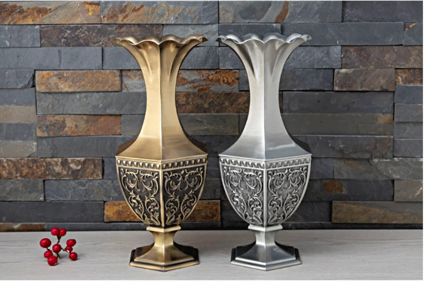 Vintage Desktop Vase for Home Decoration, Alloy Metal Table, Artificial Flowers, Ancient Big Vase, H34cm, HP014