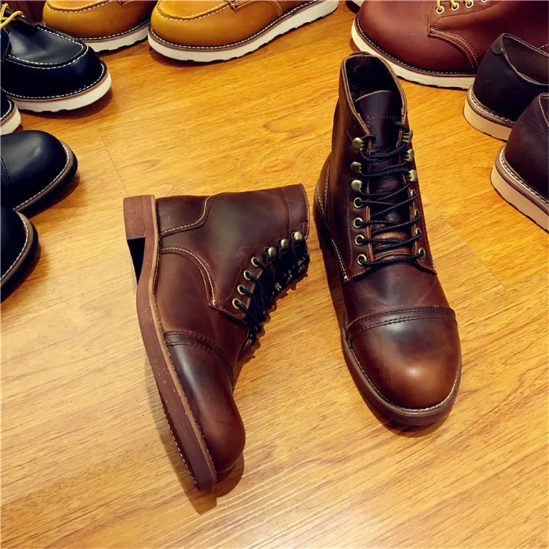 New Vintage Handmade Men Boots British High Quality Genuine Leather Ankle Boots Wings Autumn Winter Round Toe Motorcycle Boots