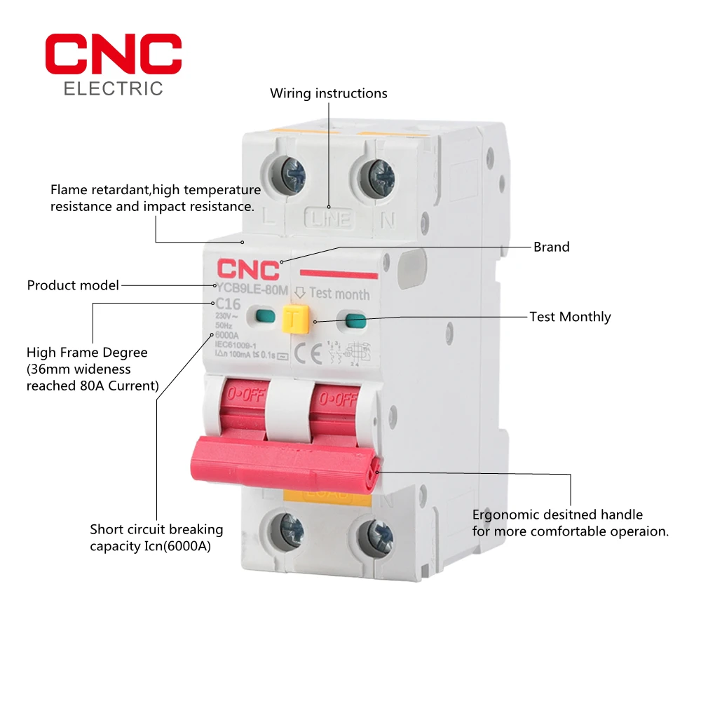 CNC 2P 4P 230V RCBO MCB 30mA Residual Current Circuit Breaker With Over Current And Leakage Protection 6-63A YCB6HLN-63 PLUS