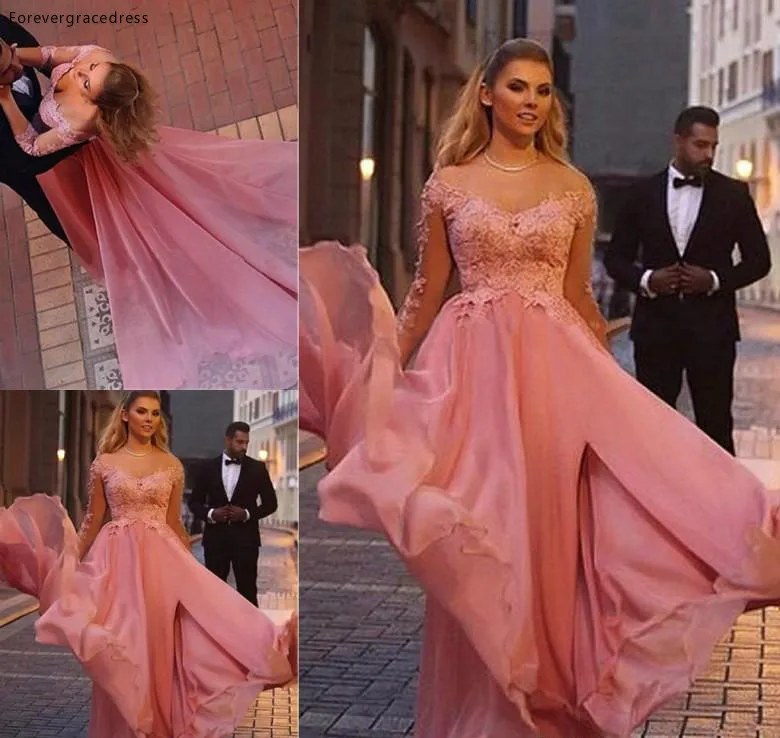 Dubai Pink Long Sleeves Prom Dress A Line Off Shoulders Chiffon Appliqued Formal Wear Party Gown Custom Made Plus Size