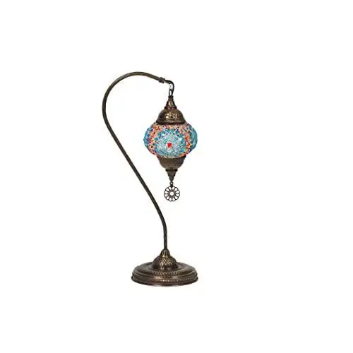 

LaModaHome English Moroccan Handmade Mosaic Glass Curvy Swan Neck Table Lamp Light with Decorative Dark Polished Copper Fixture