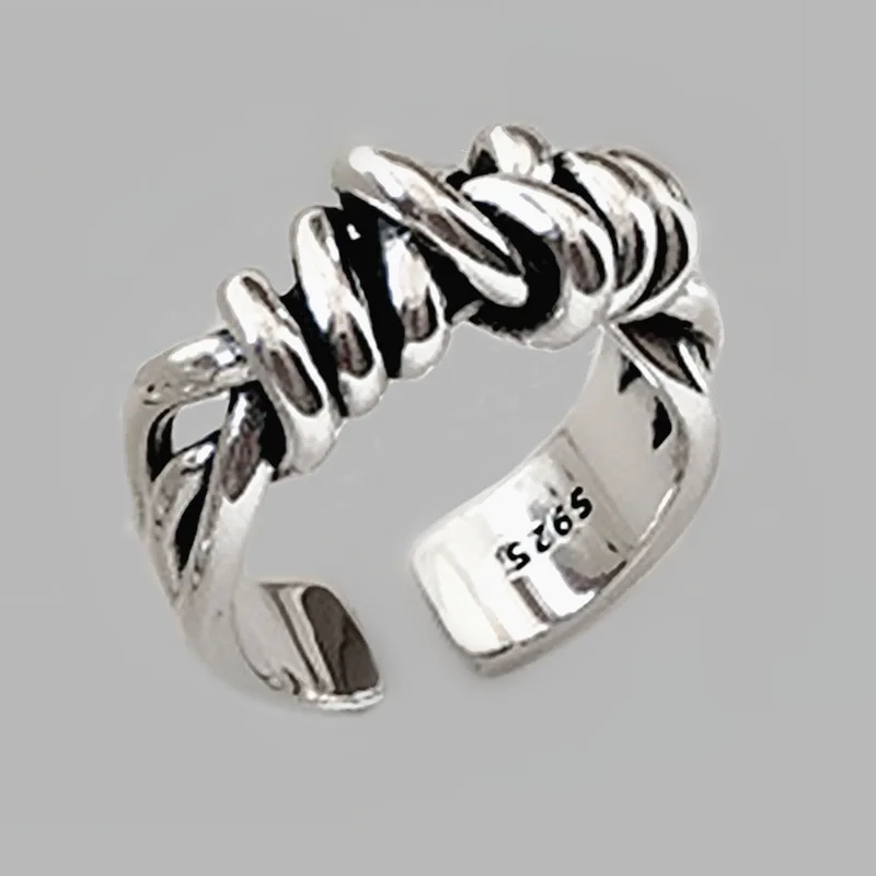 Foxanry Silver Color Vintage Woven Winding Rings for Women Line Knotted Opening Thai Silver Finger Ring Jewelry Creative