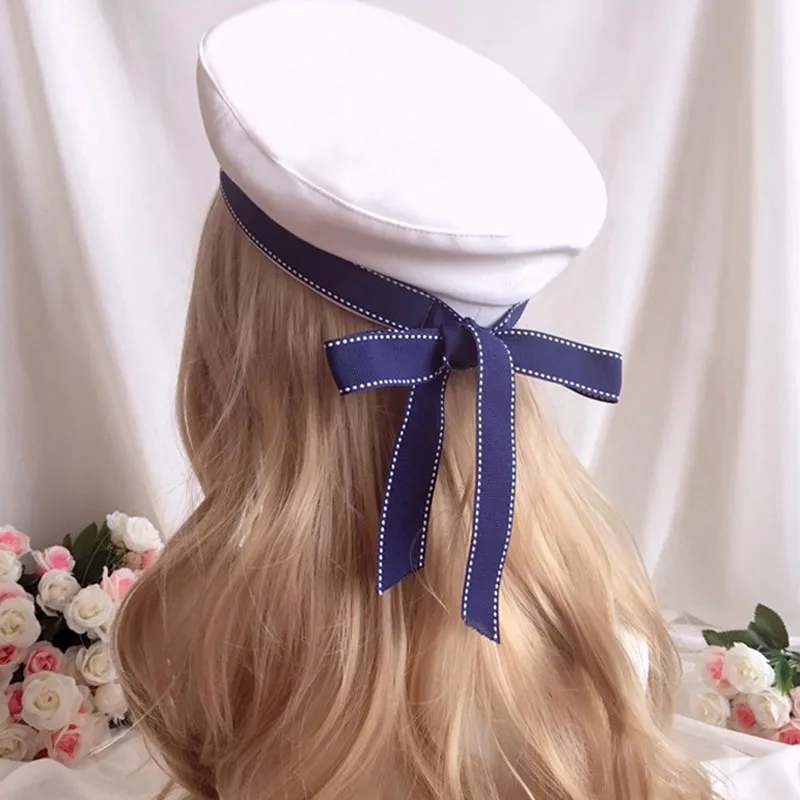 LOLITA ribbon bow navy beret blue white hat