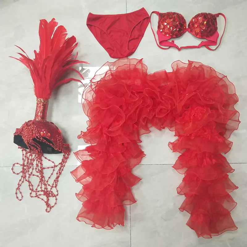 Czerwone koraliki, pióra, nakrycie głowy, cyrkonie, bikini, szal, stroje taneczne, kostium sceniczny dla kobiet, DJ-ki, piosenkarek, modeli, na wybieg, imprezę, pokaz.