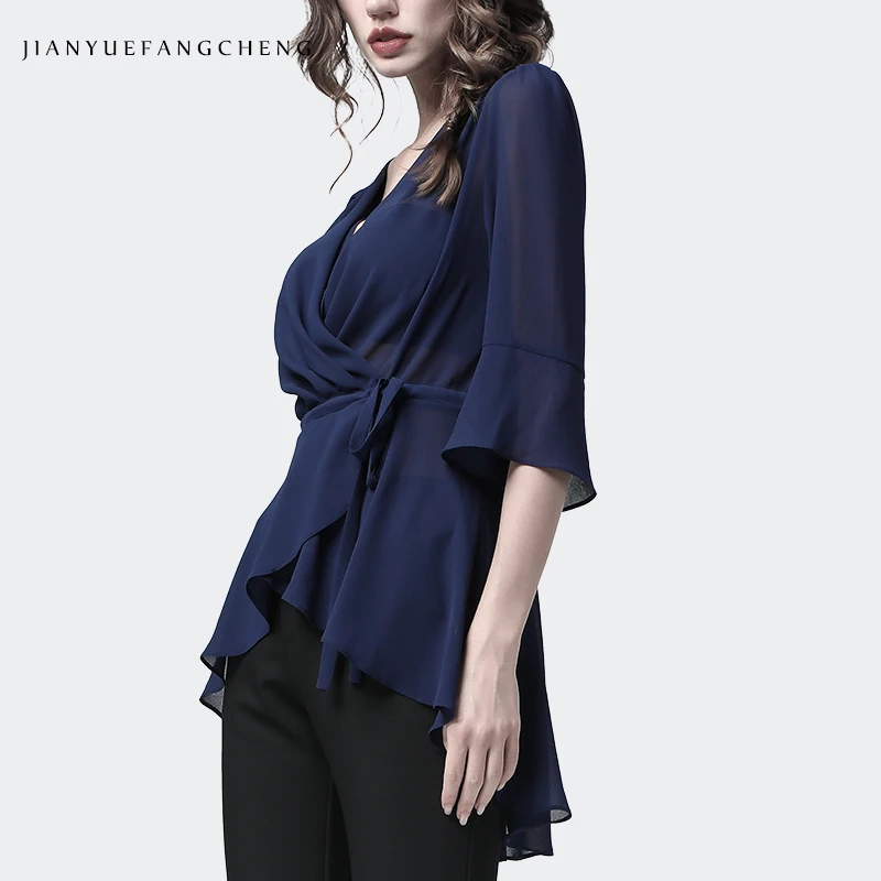 Long Tail Women Chiffon Tuxedo Blouse With Bra Spring Summer Three Quarter Sleeve V-Neck Tops Elegant Slim Irregular Tunic Shirt