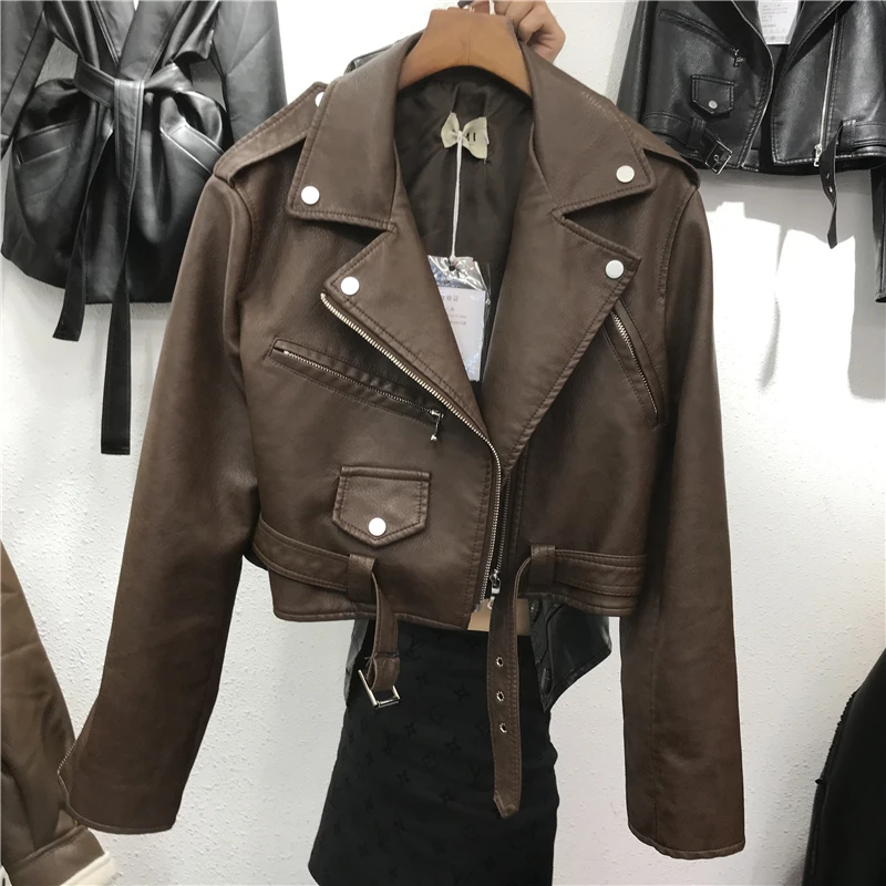 Spring Short Slim Waist Lace-up Faux PU Leather Outerwear Women Streetwear Lapel Long sleeve Khaki Black Beige Biker Jacket