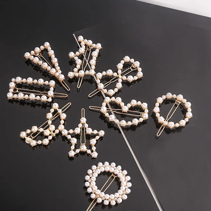 Fashion Bow Pearl Pentagram Geometry Alloy Hairpin Girl Hair Clip Minimalism Elegance Diamond Heart Shaped Hair Accessories