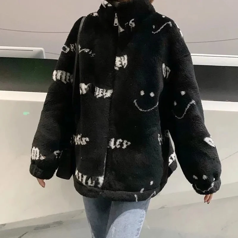 Lamb Faux Fur Coat Winter Thick Warm Stand Collar Zipper Smiley Print Lambswool Short Jacket Women Fashion High Street Outerwear