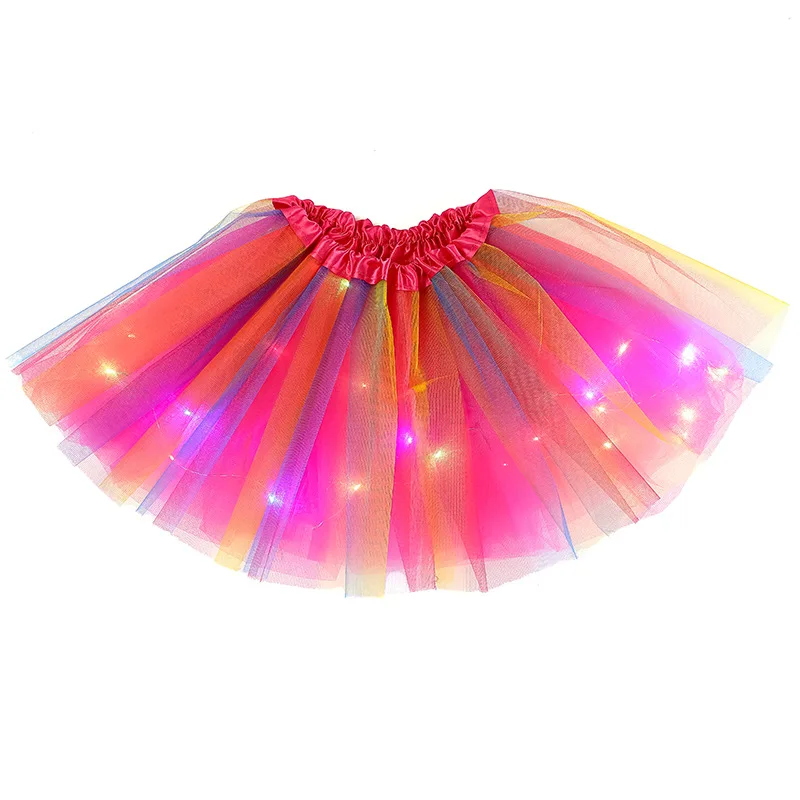 Ballet Dança Arco-íris Saia de tule para meninas, luz LED brilhante, tutu curto, ballet dancewear, traje de festa, vestido de baile, mini saia