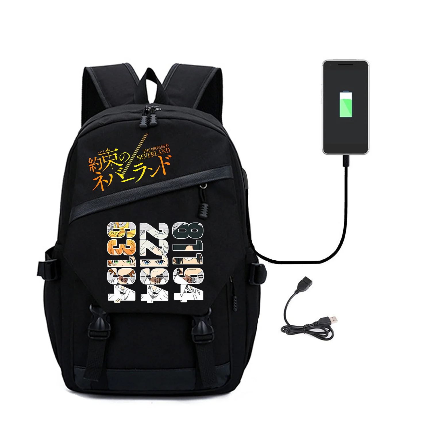 

Backpack The Promised Neverland Leisure Canvas USB Anime Print Cosplay Black Fashion Unisex Laptop Shoulder TravelBags Schoolbag