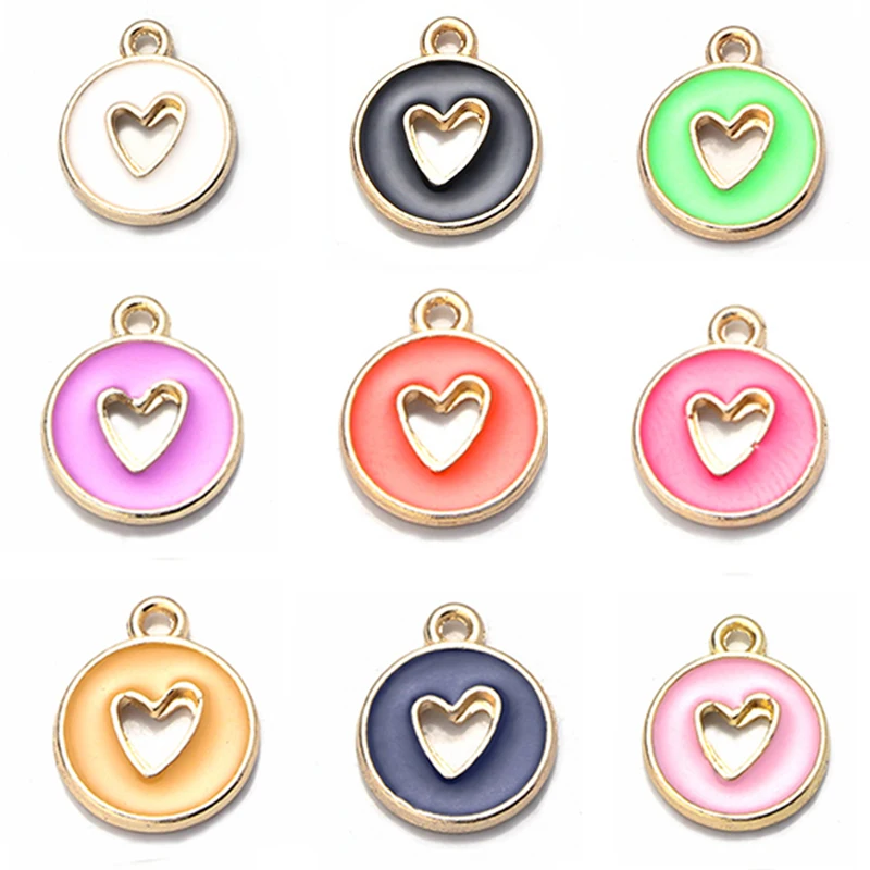 10pcs/lot Round Love Heart Enamel Charms Double Side Handmade Pendant For Diy Bracelet Jewelry Making 14.5x11.5mm Wholesale