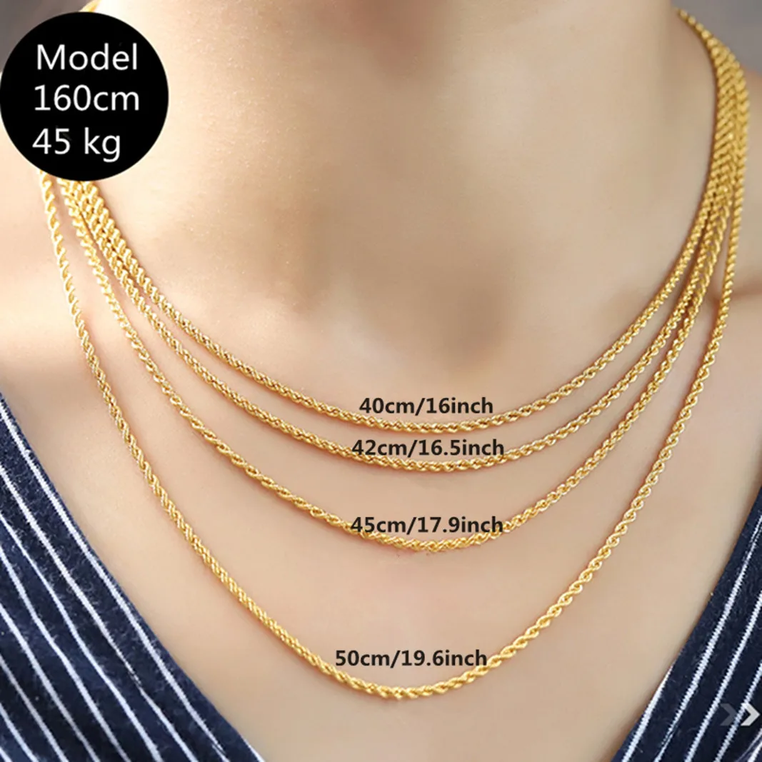 Pure Au750 18K Yellow Gold Chain Men Women 2mm Lucky Rope Link Necklace 16inch-24inch All Size