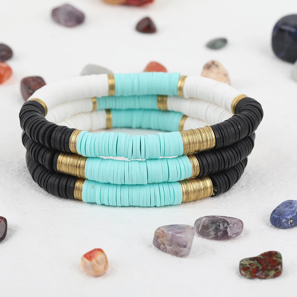 5Pcs Blue Black White Color Polymer Clay Heishi 8mm Gold Copper Sheets Elastic String Women Vinyl Beads Bracelet