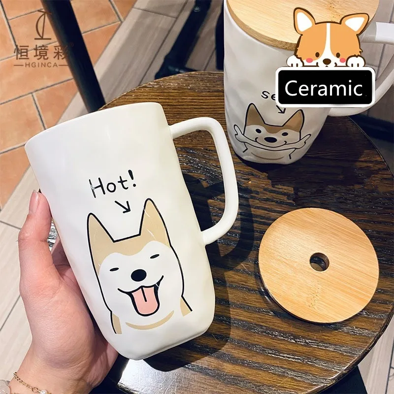 Tazza di Design creativo per cani tazza da caffè in ceramica con coperchio in legno cannuccia in acciaio inossidabile 600ml tazze da tè al latte di