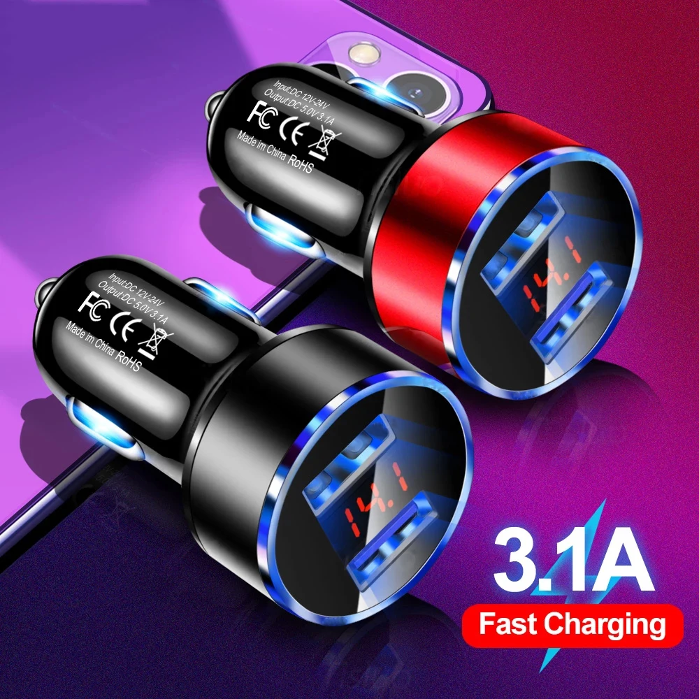 3.1A LED Display Dual USB Car Charger Universal Mobile Phone Aluminum Car-Charger for Huawei Xiaomi Samsung iPhone 11 Pro Max