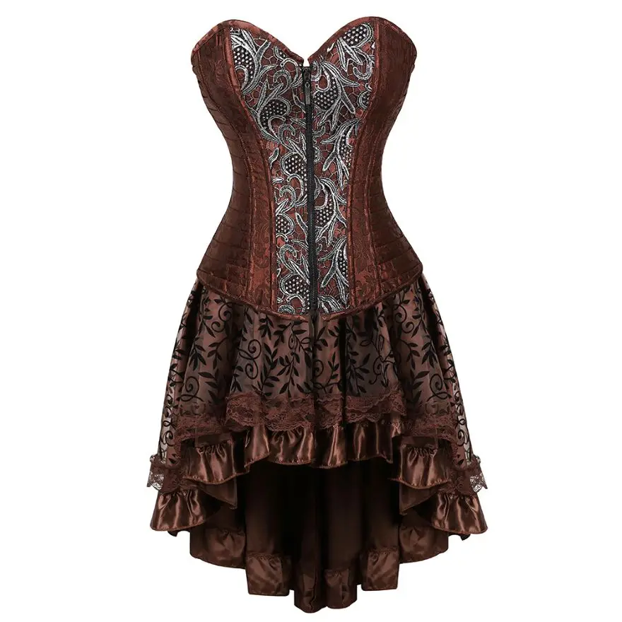 Women Steampunk Pirate Costume Floral Corset Dress Vintage Corset Overbust Top Bustier Lingerie With Asymmetrical Lace Skirt