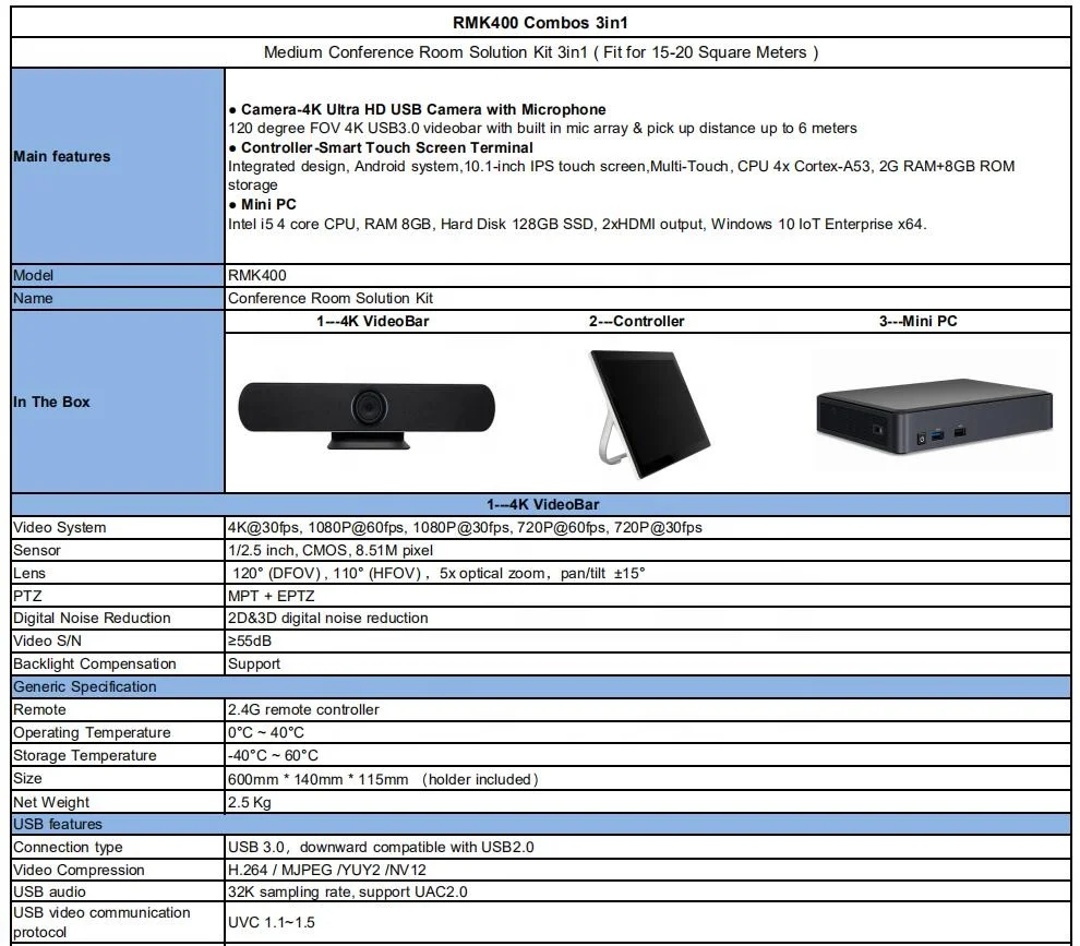 Medium Room Video conference system Solution Kit 3in1 audio conference system with video soundbar camera PC Terminal