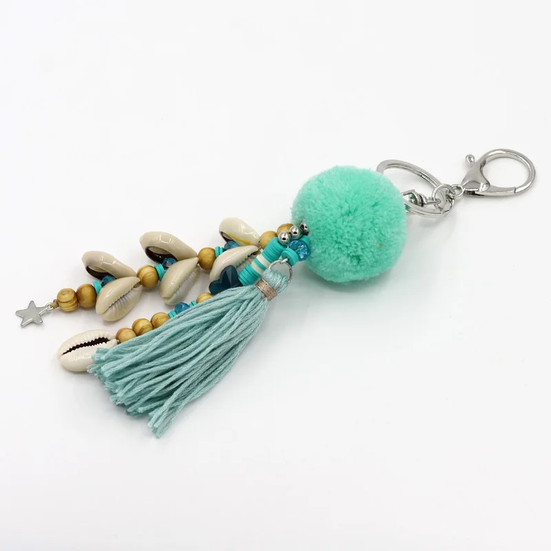 Fashion Jewelry Keychain Women Bag Decoration Accessories Bohemian Car Pendant Shell Tassel Pompom Beaded Key chains