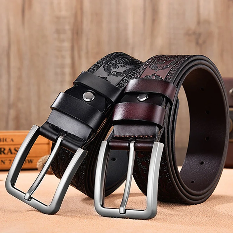 Male Print Leather Belt Floral Strap For Men 4.0 CM Black Vintage Embossing Genuine Cowskin Belt Designer Jeans High Quality