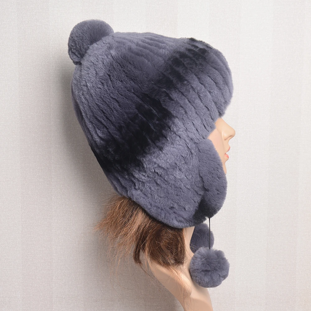 Hot Sale Luxury Women Winter Striped Natural Real Rex Rabbit Fur Hats Lady Warm Knit Genuine Fur Caps Russian Outdoor Fur Hats