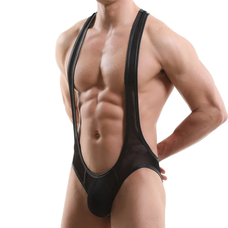 Mens Undershirts Leotard Elastic Mesh Bodysuits Penis Pouch Underwear Wrestling Singlet Open Butt Jumpsuits Jock Strap One-piece