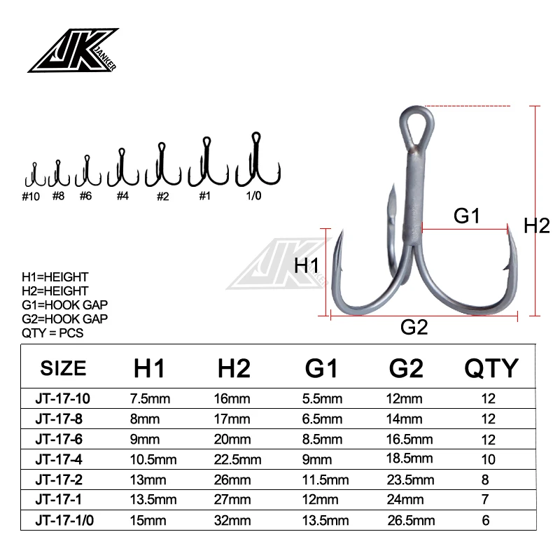 JK JT-17 Hooks Fishing Tee Gray Color Treble Hook T-Groove 1X Jig Triple Fishing Hook Super Antirust Tee Hooks For Light Spoon