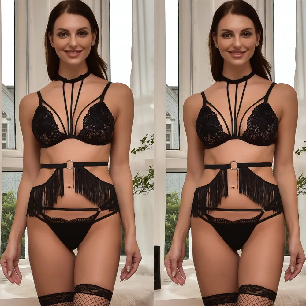 

Lace Bra Body Harness Cage Black Sexy Lingerie Rave Wear Bottom Tassels Belt Pole Dance Punk Body Harness Set