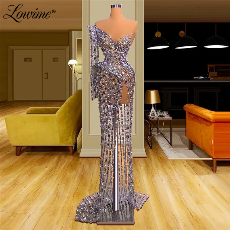 Lowime Turkish Arabic Beaded Crystals Party Dress 2021 Dubai Vestido De Festa Illusion Evening Gown Long Abendkleider Celebrity