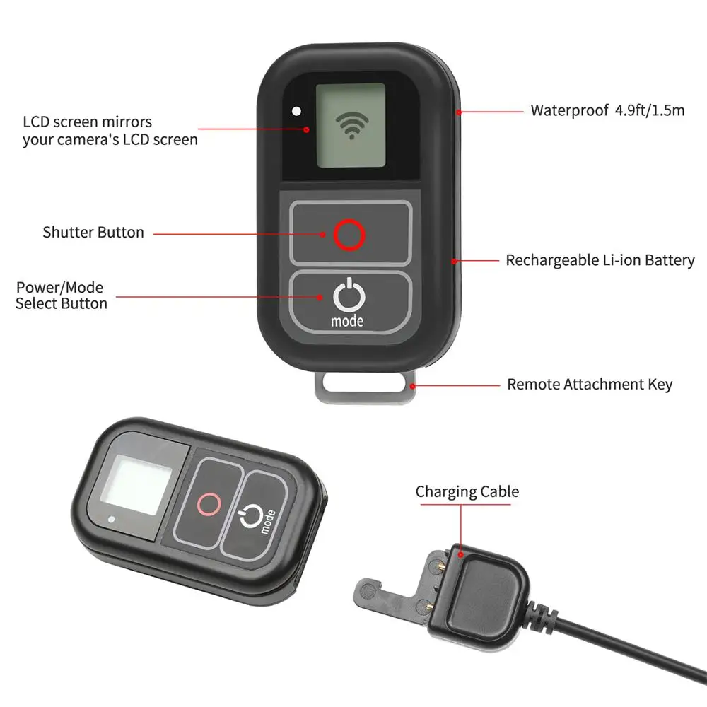 Wireless Waterproof Wifi Remote With Metal Key Strap And Wifi Cable For Gopro Hero 8 7 6 5 4 3