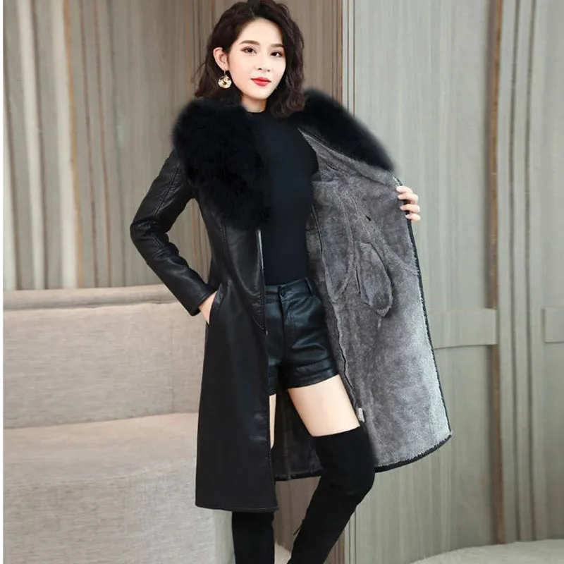 2025 New Autumn Winter Leather Jacket Women\'s Clothing Add Velvet Thicken Mid-Length Big Fur Collar Slim Ladies Leather Coat