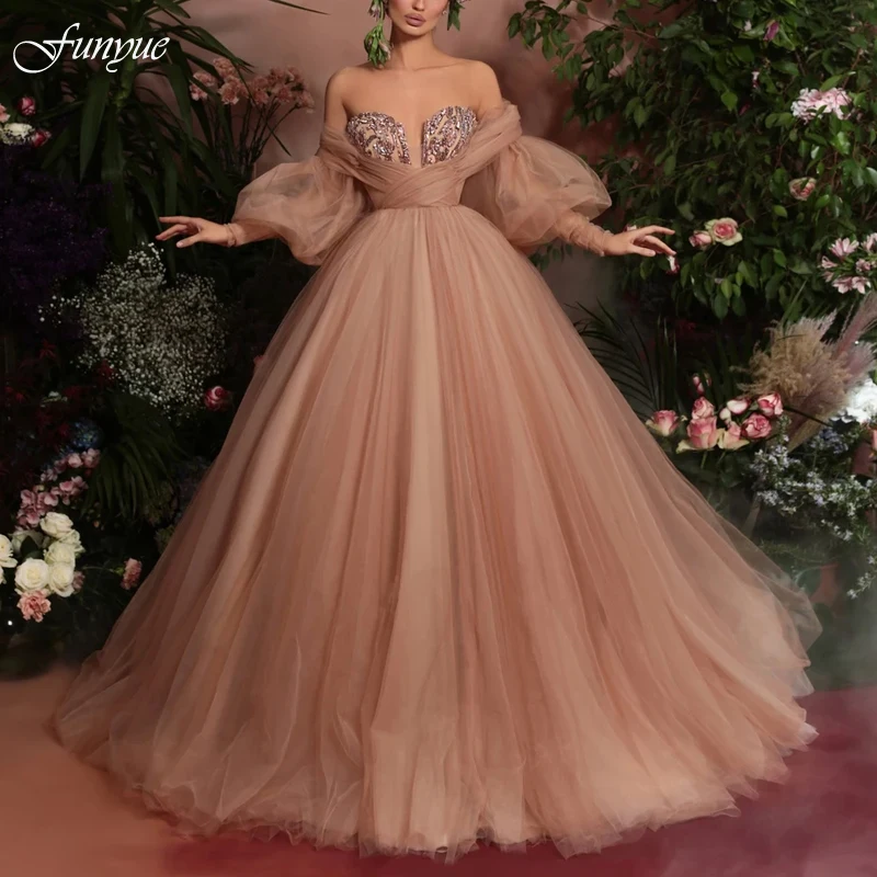 Gaun Prom Gaun Pesta Tulle Puffy Nude Gaun Formal Wanita Dubai Bahu Terbuka Sweetheart Lengan Panjang Gaun Malam Ukuran Plus