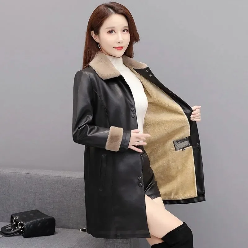 Autumn Winter Middle-aged Women Plus Velvet Warm Mid-length Loose Leather Coat Leather Jacket 2021 Mother Wear Casual Jacket A34