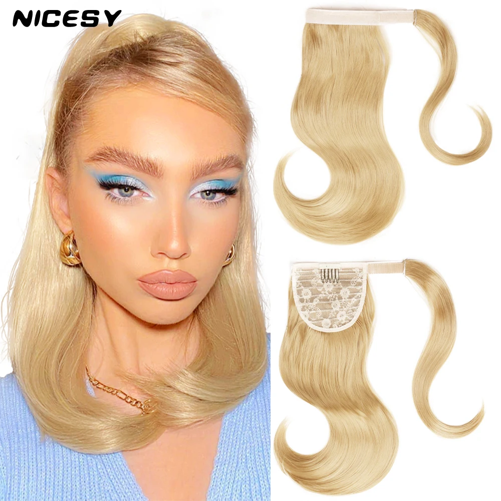 NICESY Synthetic Short Bounce Wraparound Ponytail Extensions Clip-in18In Heat Resistant Hair Suitable For White And Black Ladies