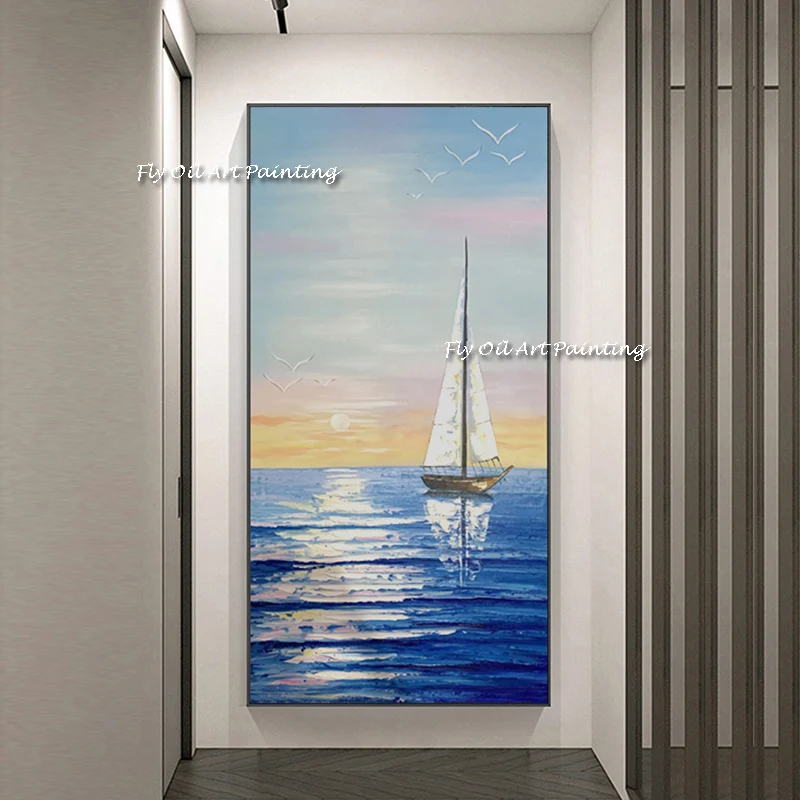 Handmade Oil painting Canvas Painting Sailboat On The Sea  Oil Painting Wall Art Landscape Picture for Living Room Home Decor