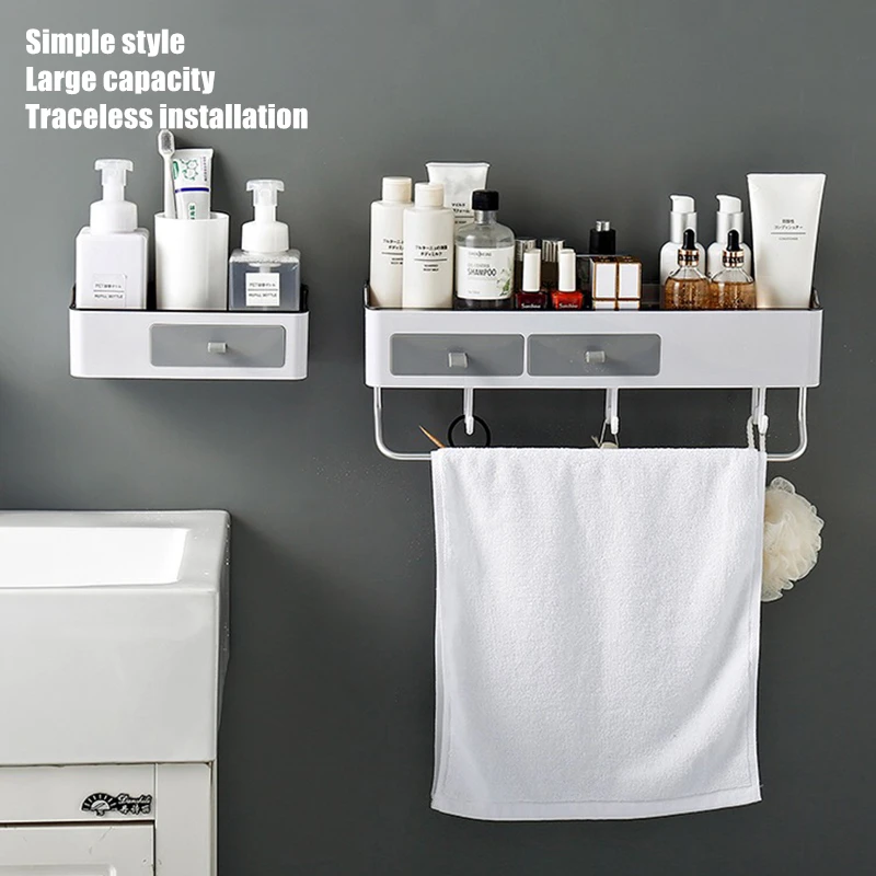 

Bathroom Shelf Shower Caddy Organizer Wall Mount Shampoo Rack With Towel Bar No Drilling Kitchen Storage Bathroom Accessories