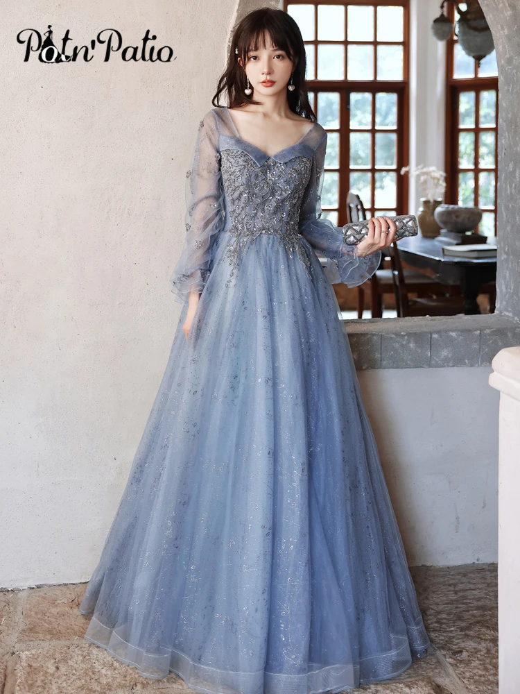 Long Sleeve Blue Evening Dresses For Wedding Party Luxury Appliques A-Line Floor-Length Fancy Tulle Women Formal Gowns