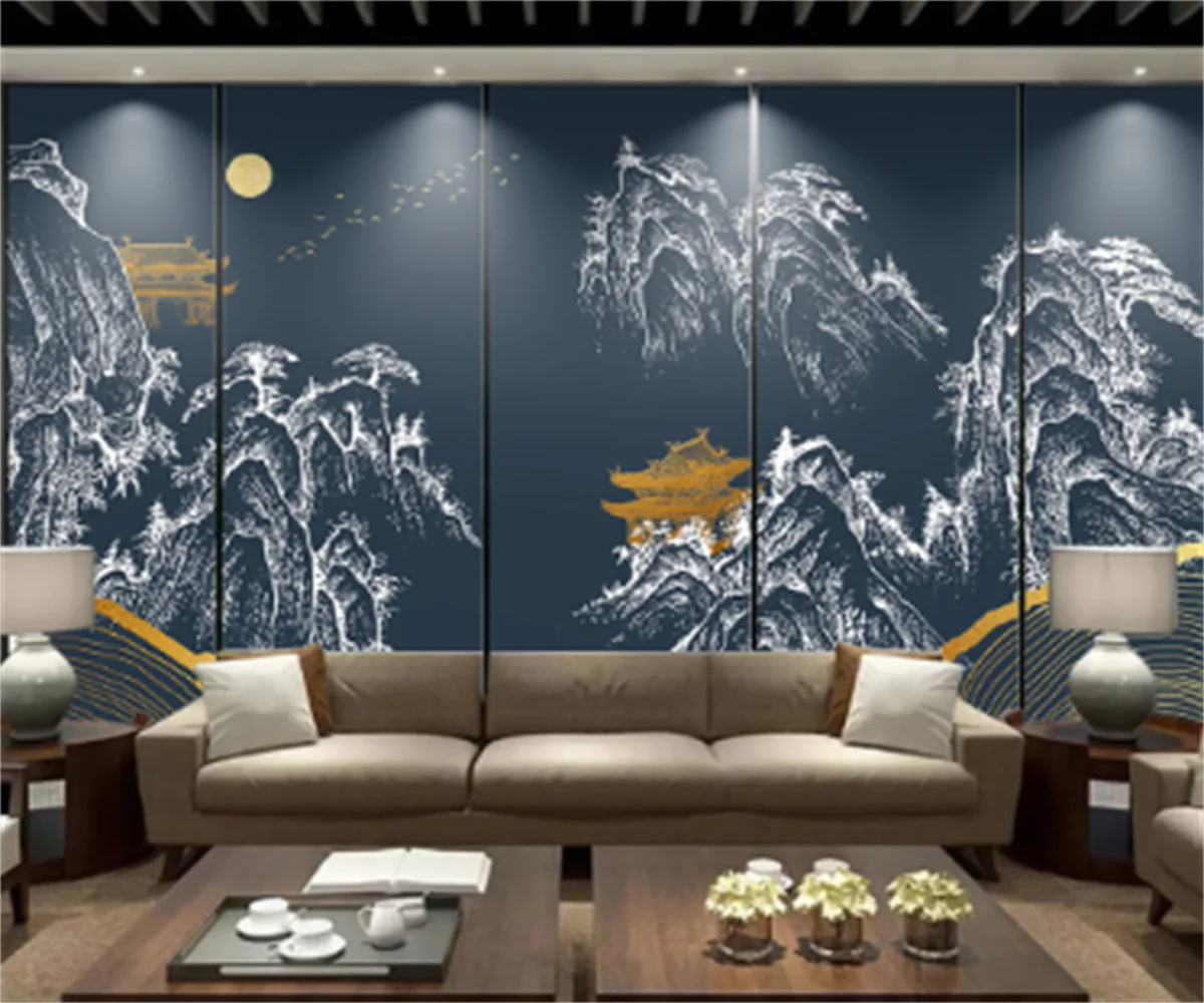 Professional custom simple golden lines landscape luxury national tide background wall decoration mural wall stickers wallpaper