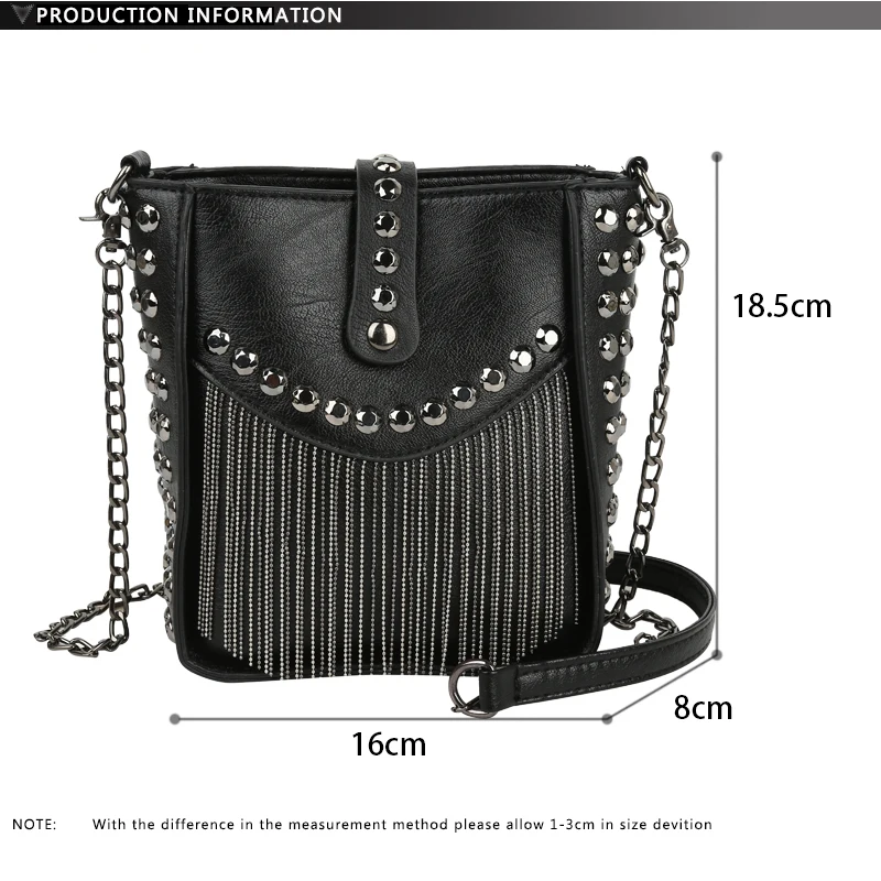 Punk Women Shoulder Bag PU Leather Handbag Fashion Black Crossbody Purse with Chain Tassel Famous Brand Luxury Designer Dmall