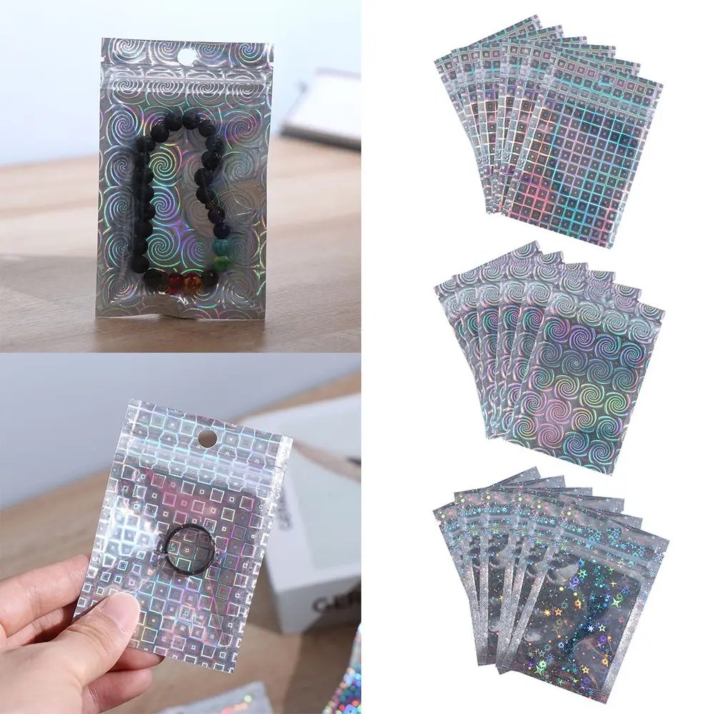 Bolsa de plástico con cremallera para comida, bolsita pequeña de papel de aluminio con holograma, a prueba de agua, autosellada, reutilizable, 10 piezas