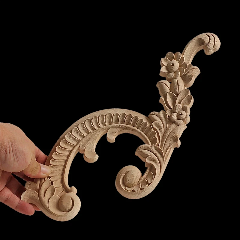 Horn Flower Rectangle Carving Natural Wood Appliques For Furniture Cabinet Unpainted Wooden Mouldings Decal Vintage Decoration