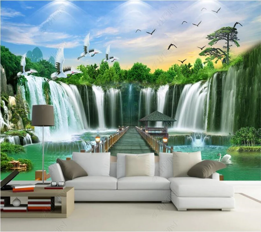 

Custom papel de parede welcoming pine waterfall natural landscape 3d wallpaper mural,living room beroom wall papers home decor