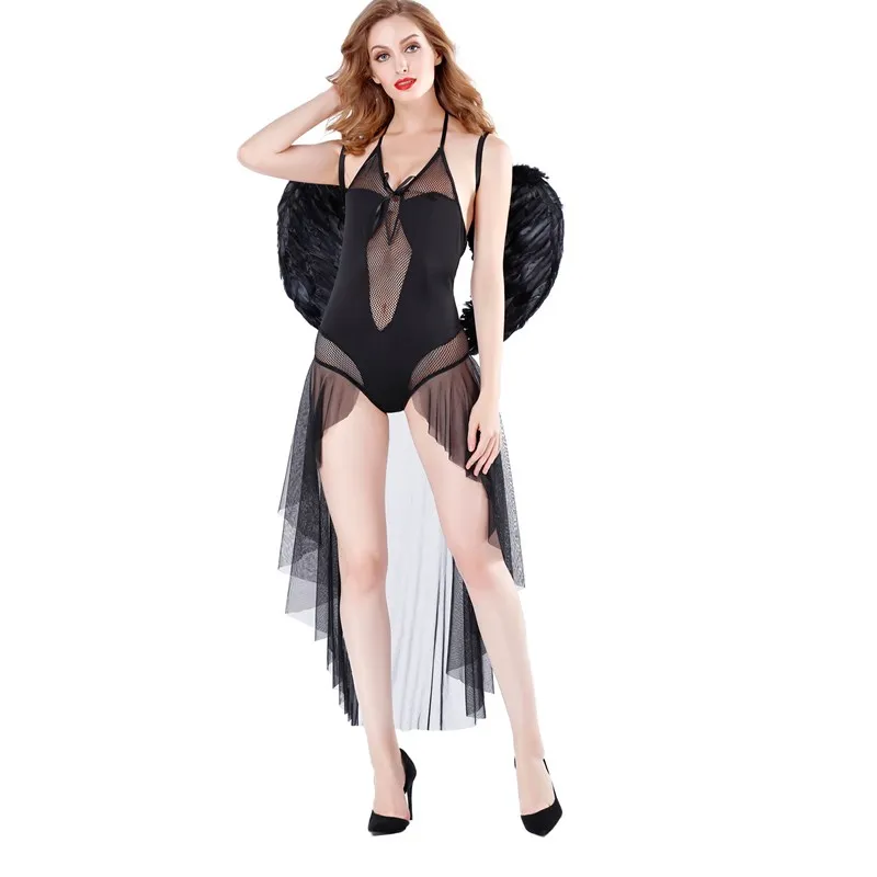 Black Mesh Sheer Sexy Angels Costume With Wing Women Sexy Lingerie Uniform Angels Cosplay Halloween Role Playing Games Costume